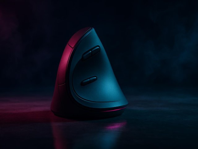 Vertical ergonomic mouse standing upright on a reflective floor in blue light
