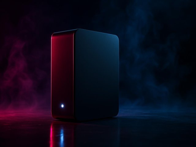Boxy dark speaker cabinet with a small indicator light in pink and blue haze
