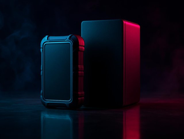 Two boxy mini PC units standing side by side with red light glowing between them