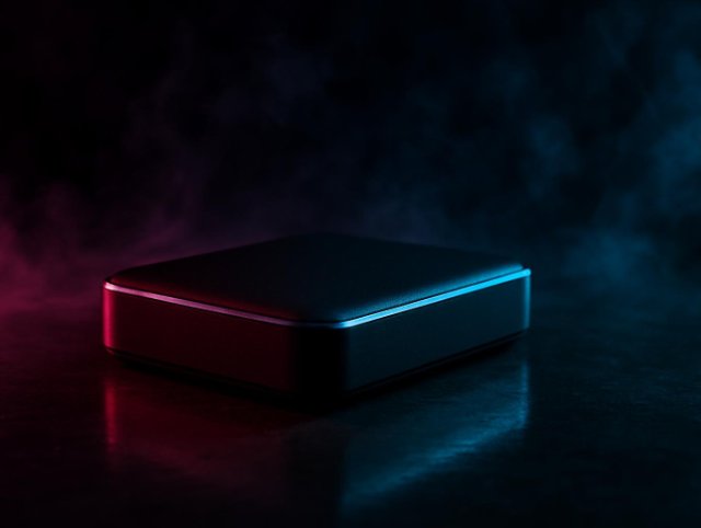 Slim external hard drive lying flat on a reflective floor with red and blue rim lighting