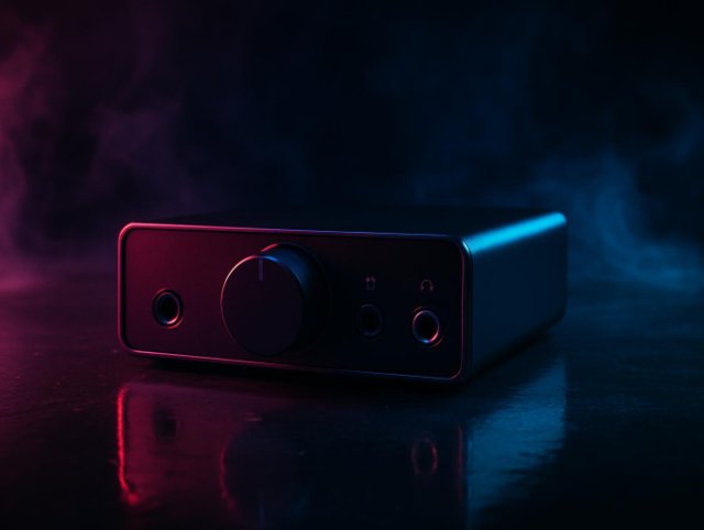 Small desktop headphone amplifier with a large volume knob and front jack sockets