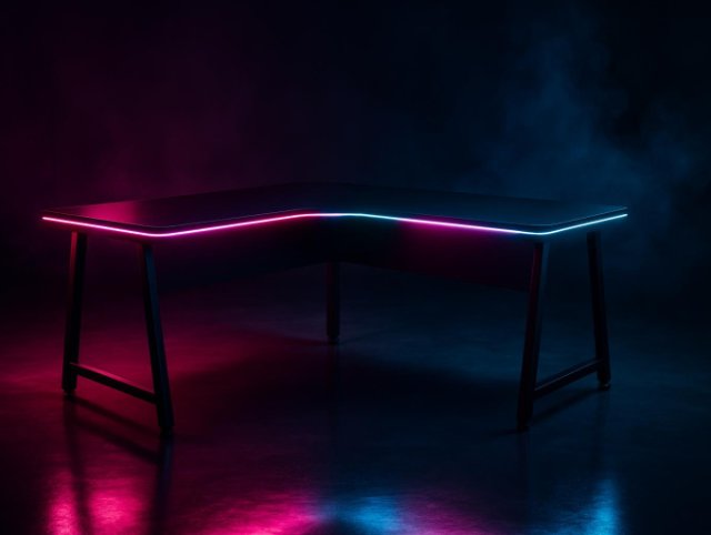 Curved gaming desk with a glowing pink and blue strip along its front edge