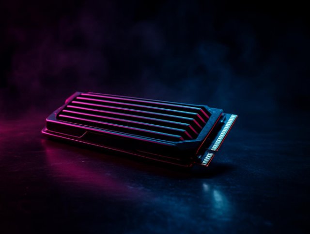 M.2 solid state drive with a ribbed heatsink lying flat under red neon light