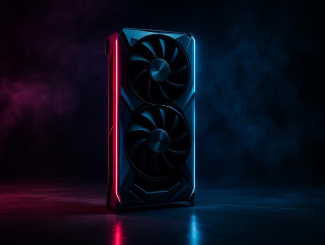 Dual-fan graphics card standing upright on a dark surface