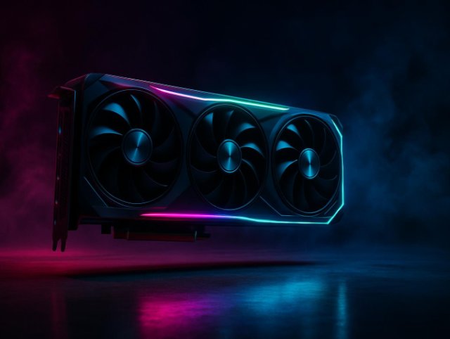 Triple-fan graphics card with a glowing pink and green edge strip along its shroud