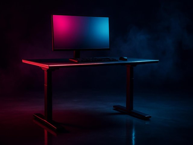 Standing desk with a monitor showing a pink and blue gradient screen on top