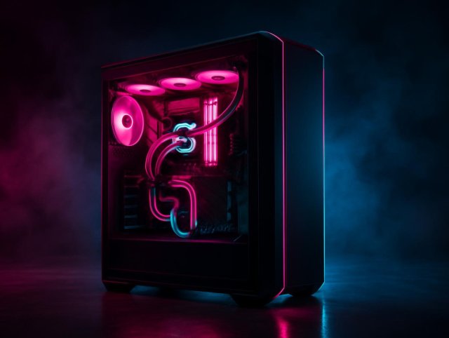 PC case with pink-lit liquid cooling tubes visible through the side panel