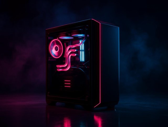 PC case with a glass panel showing a liquid cooling loop and pink lit tubing