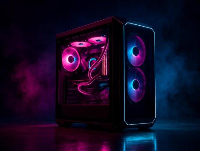 Glass-side PC tower with liquid cooling tubes and pink RGB fans