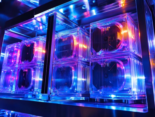 Inside of a PC case packed with components under intense blue and purple RGB lighting