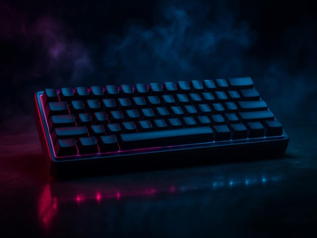Mechanical keyboard with pink underglow on a dark reflective surface