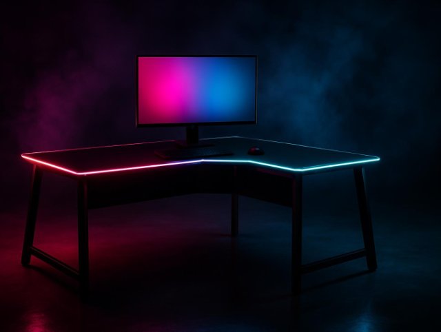 Curved gaming desk with a monitor on top and RGB light along the desk edge