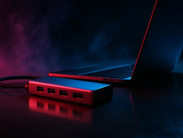 Open laptop behind a USB hub whose row of ports glows red on a dark desk