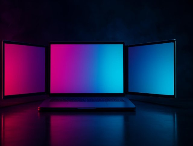 Triple-screen laptop extender with three gradient displays side by side
