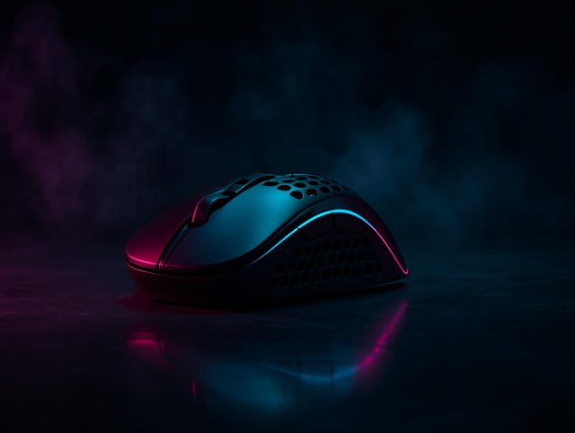 Dark wireless mouse resting on a reflective floor under faint pink and blue light