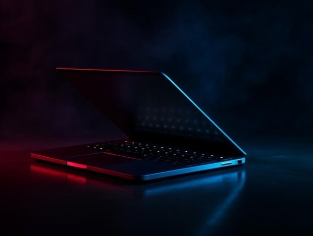 Laptop opened part way at an angle with its keyboard lit by pink and blue neon