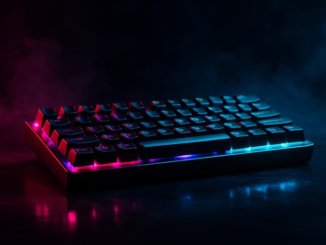 Compact sixty percent keyboard with rainbow backlighting glowing under the keys