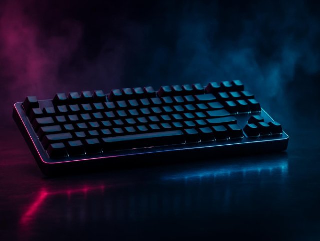 Tenkeyless mechanical keyboard angled on a desk with red light glowing beneath