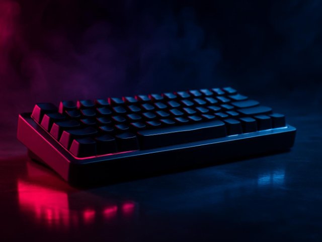 Compact mechanical keyboard at an angle with red light glowing beneath the keys