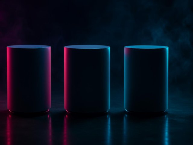 Three rounded mesh Wi-Fi units standing in a row rimmed with pink and cyan light