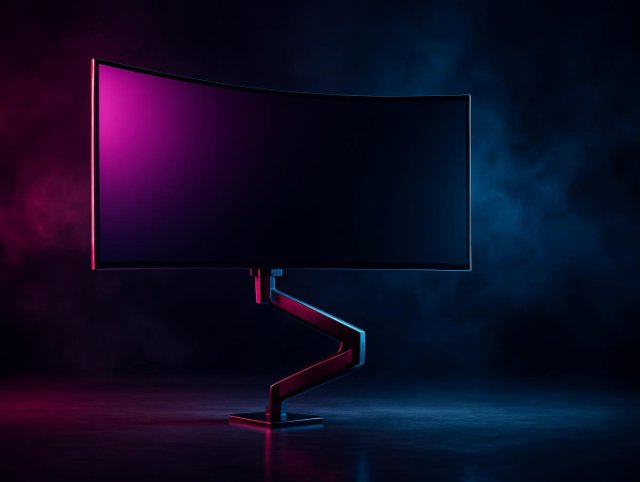 Ultrawide curved monitor on a stand showing a bright magenta screen in dark haze