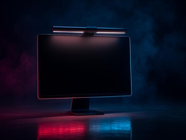 Monitor with a slim light bar clamped to the top of its bezel in a dark room