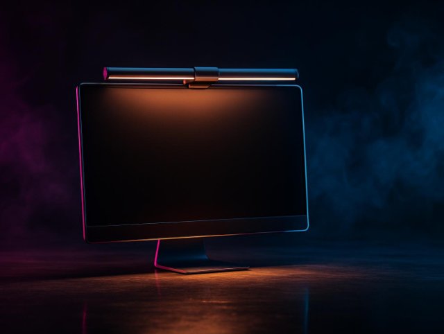 Monitor with a light bar on top casting a warm glow across the dark screen