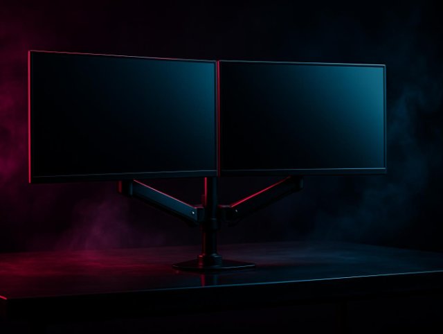 Monitor attached to a wall mount bracket above a clear desk