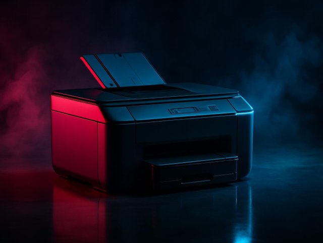 Inkjet printer with a red side panel and stacked paper trays on a reflective floor