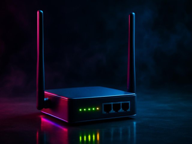 Router with two tall antennas and a row of green ethernet port lights on its front