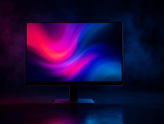PC monitor displaying a desktop in a dark room before calibration