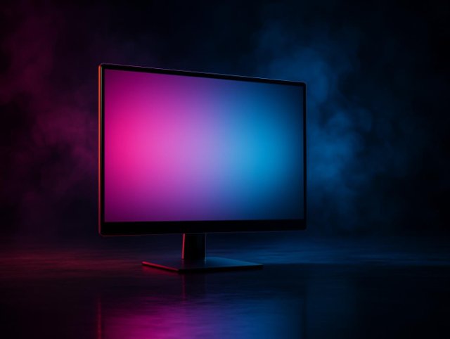 Monitor showing a pink to blue gradient screen on a slim stand in dark haze