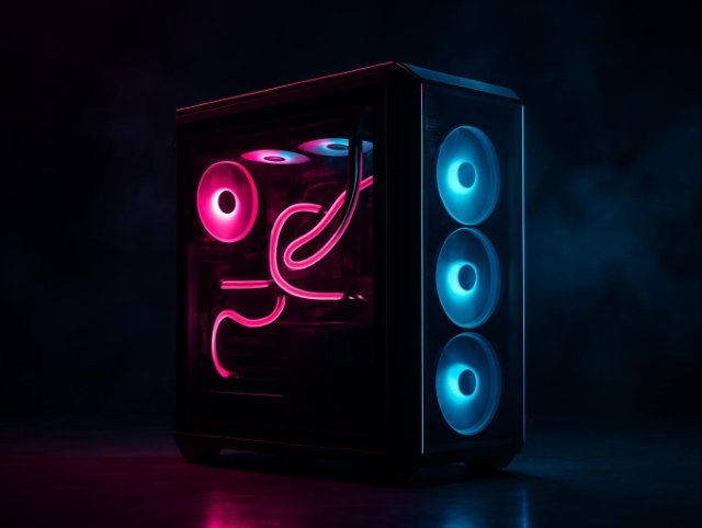 PC case with pink coolant tubing and three blue ring fans