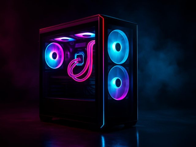 PC case with a glass panel showing RGB fans and pink liquid cooling tubes inside
