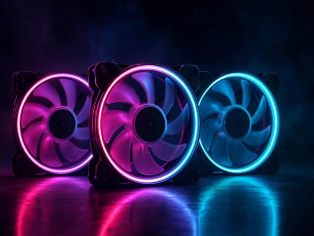 Three case fans with purple and cyan illuminated rings