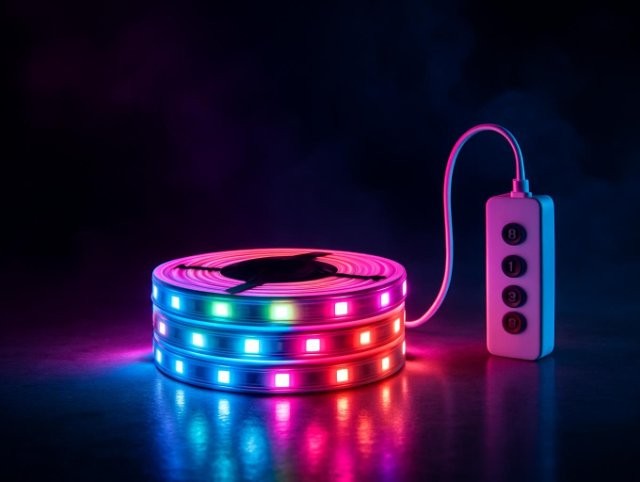 Coiled RGB light strip glowing in rainbow colours next to a small remote controller