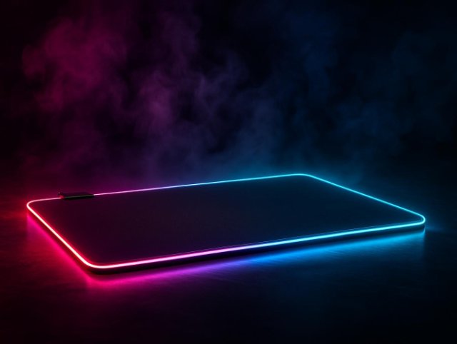 RGB gaming mouse pad glowing pink and blue on a dark desk