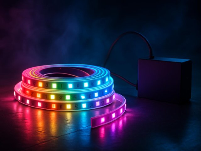 Coiled RGB LED light strip glowing in rainbow colours beside a control box