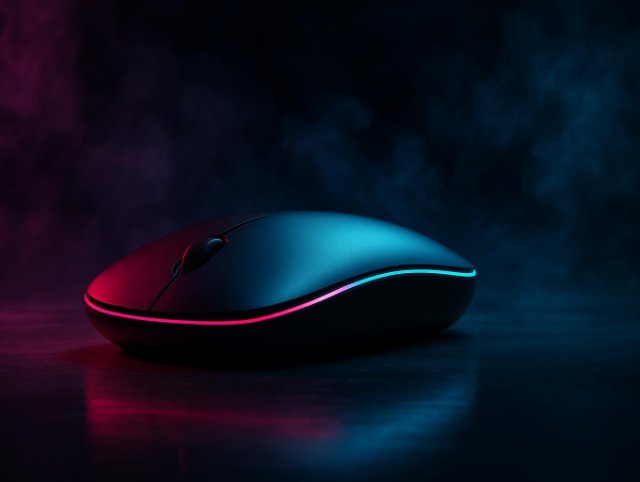 Slim low-profile wireless mouse with a red rim light on a reflective floor