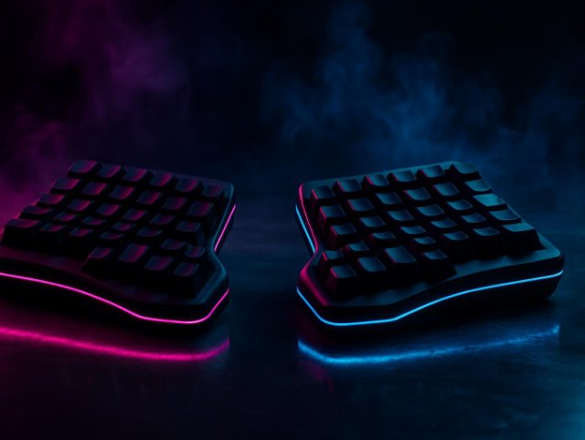 Split ergonomic keyboard in two halves with pink and blue light under each half