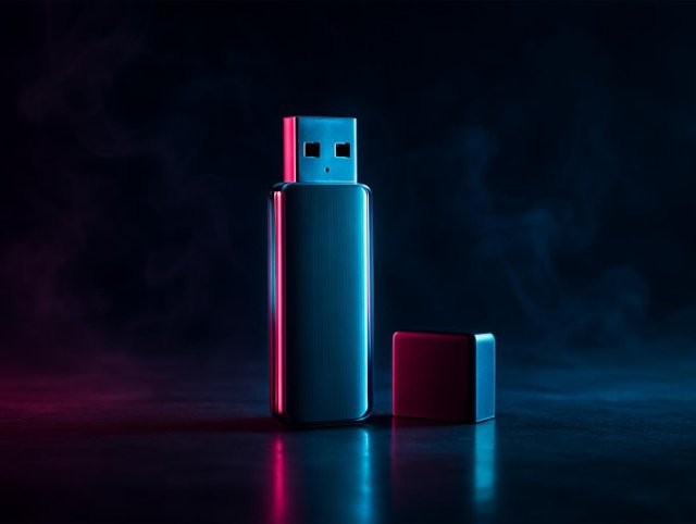 USB flash drive standing upright with its cap resting on the floor beside it