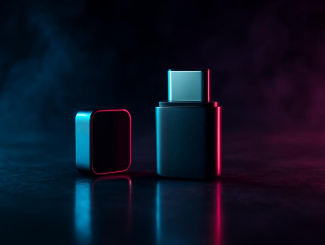 Two USB flash drives standing upright, one small and red beside a larger silver one