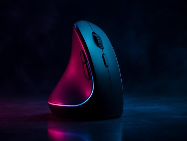 Vertical ergonomic mouse standing upright with a bright pink rim highlight