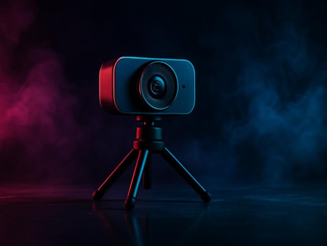 Webcam mounted on a small desktop tripod against a dark smoky background