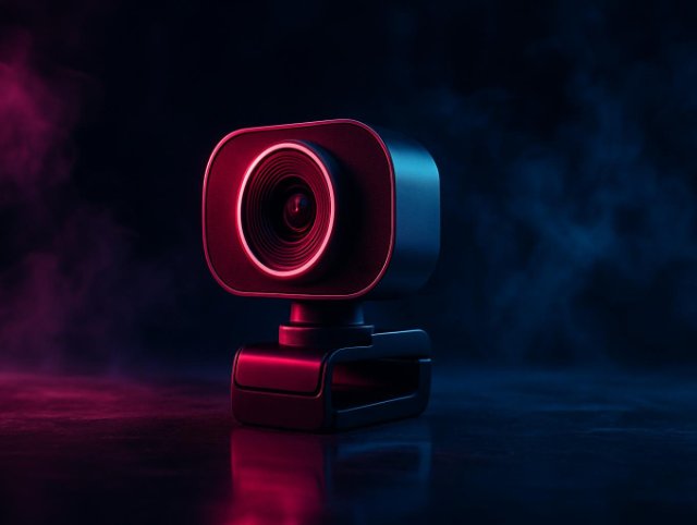 Webcam with a glowing ring-lit lens on a small stand under pink and blue neon
