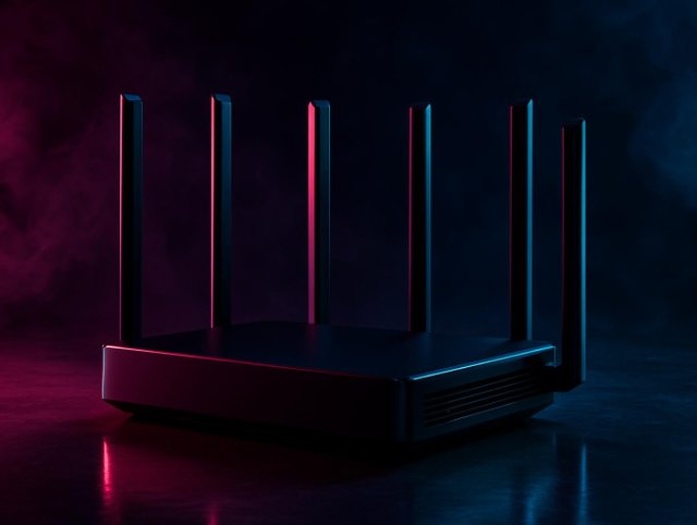 Flat router with five upright antennas standing on a reflective dark floor