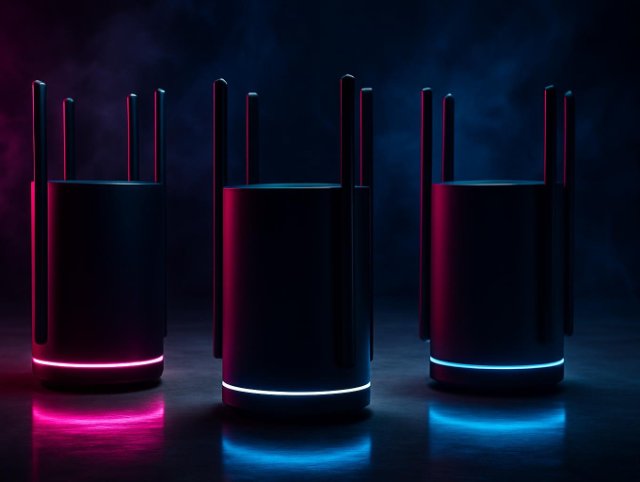 Three mesh Wi-Fi units with slim antennas standing in a row on a lit floor