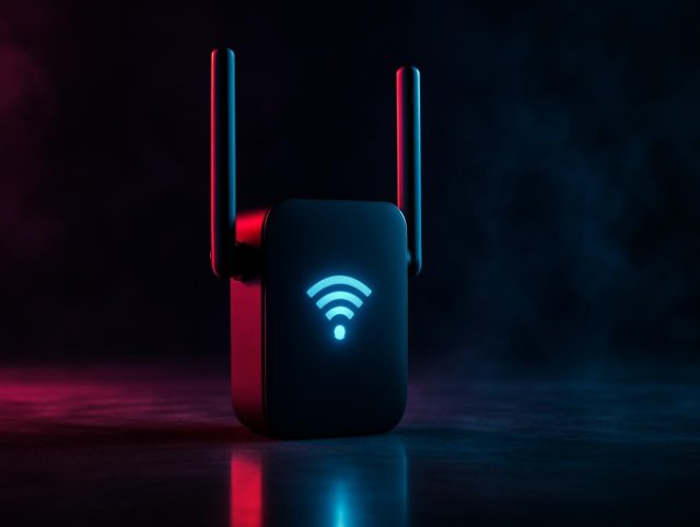 Wi-Fi range extender with two antennas and a glowing wireless symbol on its face