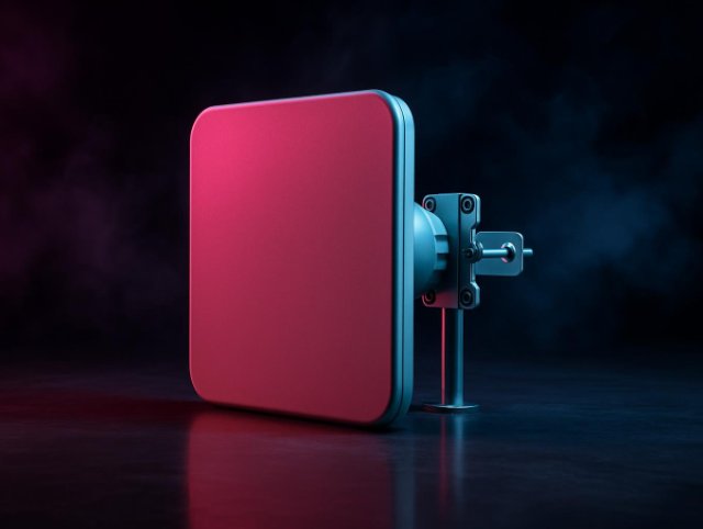 Portable hard drive with a pink front face standing beside a small connector