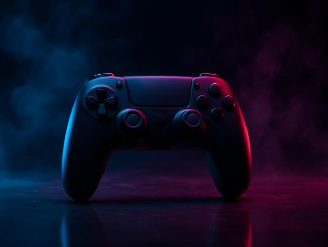 Wireless game controller on a dark reflective surface